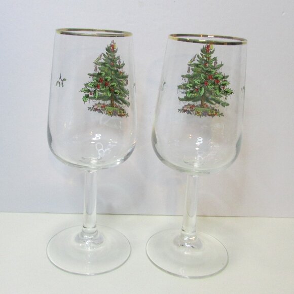 pair of Spode Christmas tree wine glasses made in France barware - Picture 4 of 7